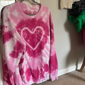 Urban Outfitters Pink and White Tie-Dye Heart Sweatshirt